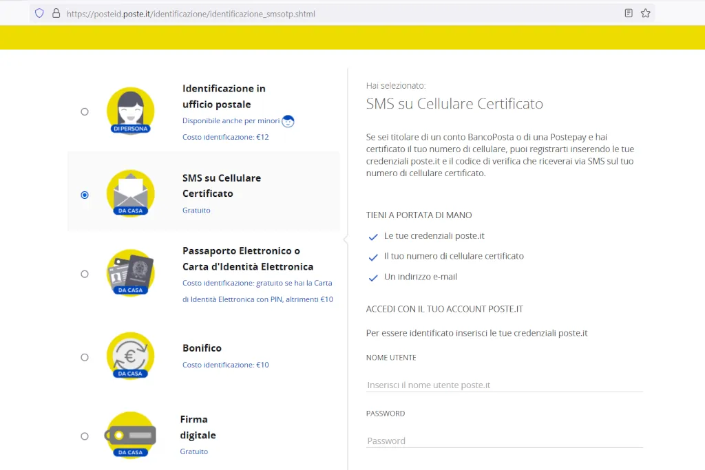 Creare identità digitale dal sito di poste italiane con sms su cellulare certificato 