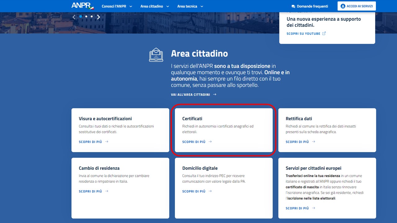 Collegamento al portale ANPR - Ministero degli Interni