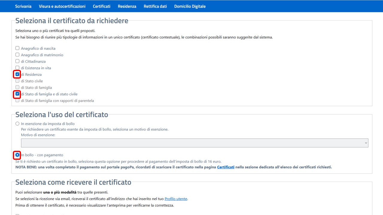 ANPR - selezione dei certificati